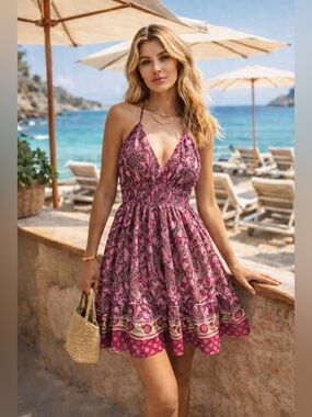 Zury Pink Paisley Boho Halter Mini Dress Small Silk Blend